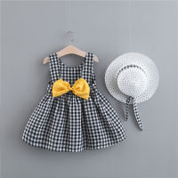 HS Baby Girl Dress Print Plaid Bow Summer Princess Party Dress Infant Toddler Clothes Newborn Baby Dress+Hat 2pcs Kids Clothing