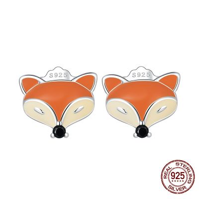 WOSTU 100% 925 Sterling Silver Cute Fox Ear Studs Mini Animal Stud Earrings For Women Trendy Color Earrings Fine Party JewelryTH