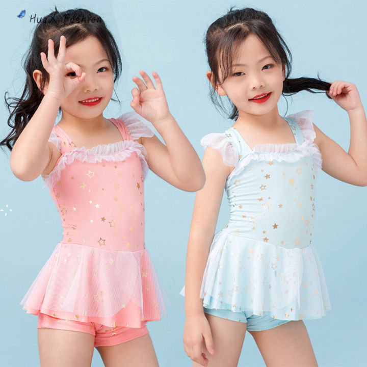 hx-girls-sunscreen-swimwear-one-piece-star-pattern-lace-culottes-ชุดว่ายน้ำสำหรับเด็กอายุ2-5ปี