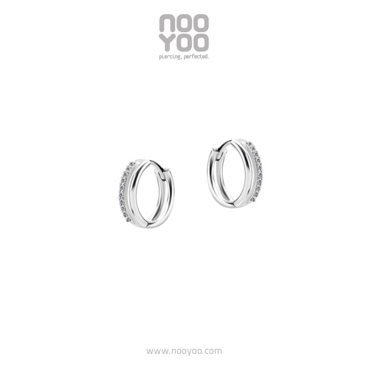 NooYoo ต่างหูสำหรับผิวแพ้ง่าย Hoop Parallel CZ on One Side Surgical Steel