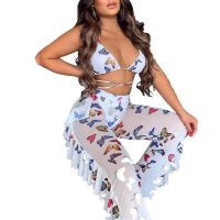 【Xianle Clothing】 See Through Women 39; S Beach Bra Trousers Deep V Neck Printed Clothes Lace Up Tops Loose Flowing Pants Summer Clothes Set