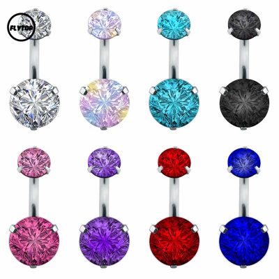 FT y Double Round Crystal Zircon Navel Belly Ring Bar Surgical Steel Rhinestone Body Piercing