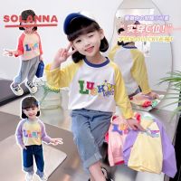 SOLANNA  เสื้อผ้าเด็กผญ เสื้อยืดแขนยาวเด็กหญิง การออกแบบตัวอักษรอย่างมีสไตล์ เสื้อยืดแขนยาวผ้าฝ้ายระบายอากาศสำหรับเด็กผู้หญิง2398