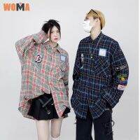 WOMA เสื้อเชิ้ตลายสก๊อตปักดีไซน์ยูนิเซ็กซ์ทรงหลวมและลำลองเสื้อเชิ้ตลำลองบางๆที่สามารถสวมใส่ด้านนอกได้