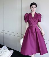 【YF】 Enland Style Midi A Line Dress Elegant Lady Double-Breasted Puff Sleeve Summer Solid Hight Waist Belt Slim Office Party