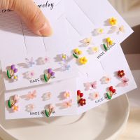 New Colorful Flower Butterfly Earrings Set for Women Creative Resin Cartoon Tulip Crystal Stud Earring Girls Kids Cute Jewelry