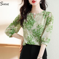 SNUG 2023 summer new fashion magnanimous loose thin retro blouse ink print chiffon shirt female