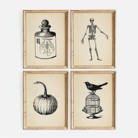 【CW】 Sketch Skeleton Poster Vintage Black Bird Wall Art Halloween Party Canvas Painting Nordic Print Picture Living Room Home Decor