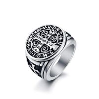 Mens St Benedict Exorcism Ring Stainless Steel Catholic Cross Ghost Hunter Gift