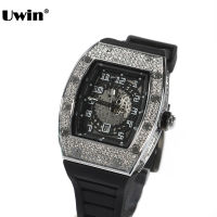 UWIN Square Dial Watch Full Rhinestones Iced Out Silver Color Quartz Wrist Watches with Black Belt for Men Women Fashion Gift