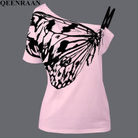 【YY】Summer Sexy Off Shoulder Butterfly Print T shirt Women Cotton Slim Sling Shirts Chemise Femme Tops shirt camisas mujer