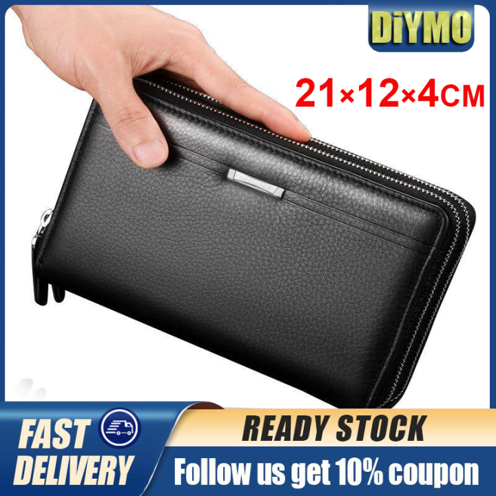 Men Business Clutch Bag Double Zipper Large Capacity Leather Wallet Card  Holder