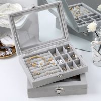 Velvet Gray Carrying Case with Glass Cover Jewelry Ring Display Box Tray Holder Storage Box Organizer Earrings Bracelet Showcase