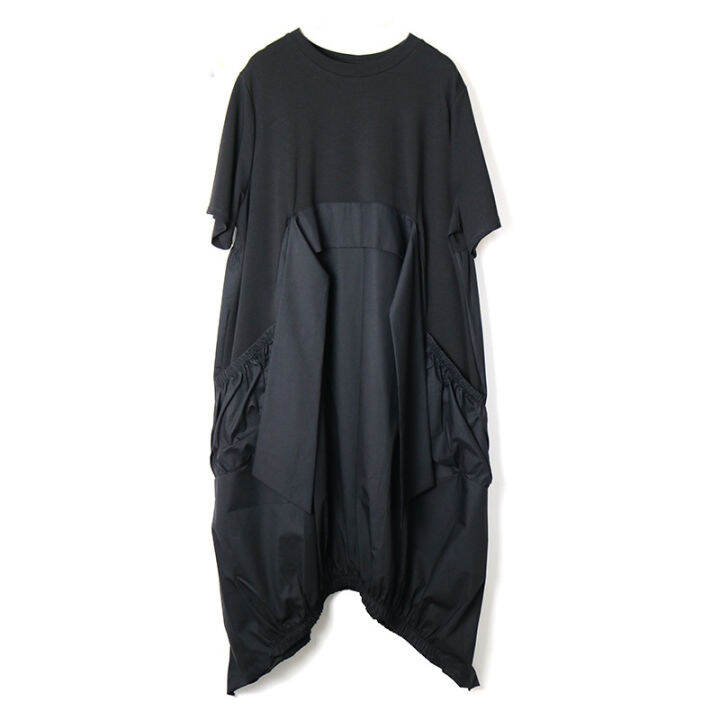 xitao-dress-irregular-patchwork-casual-tassels-dress-short-sleeve-draped-loose-t-shirt-dress