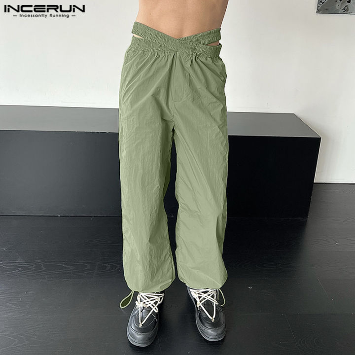 incerun-กางเกงครอสโอเวอร์ผู้ชาย-กางเกงเอวยางยืดลำลองธรรมดากางเกงขายาวมินิมอล-สไตล์เกาหลี