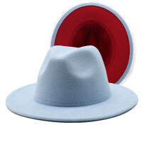 Simple Outer Light Blue สีแดงด้านล่างผ้าขนสัตว์ Felt Jazz Fedora หมวกผู้หญิงกว้าง Brim ปานามาปาร์ตี้ Trilby คาวบอยหมวกผู้ชายสุภาพบุรุษ