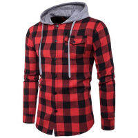 Covrlge Men Fashion Hooded Shirt 2018 Autumn New Mens Long Sleeve Red Plaid Shirts Casual Denim Shirt Big Sizes Menswear MCL182