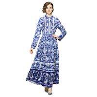 Women Dress New Fashion Summer Vintage Casual Party Runway Print Maxi Long Sleeve Dresses