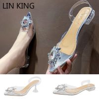 LIN KING Big Size Women Transparent Summer Sandals Elegant Rhinestone Low Heels Shoes Sexy Lady Party Club Dress Shoes Slippers