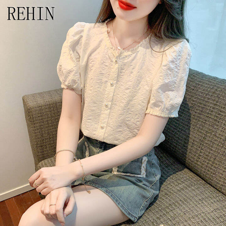 rehin-ลูกไม้สั้นสไตล์เกาหลีแบบใหม่ฤดูร้อนเสื้อชีฟองการออกแบบพิเศษเฉพาะเสื้อสตรี