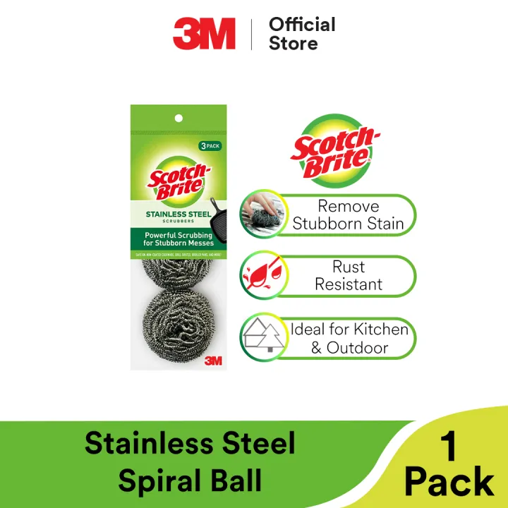 3M Scotch Brite Stainless Steel Metallic Durable Spiral Ball Rust Resistant Stain Removal