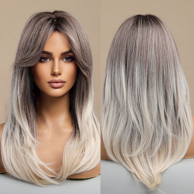 Brown And Blonde Blended Wigs Ombre Synthetic Hair Wigs For Women Synthetic Hair Wavy Ombre Wigs Wigs With Bangs