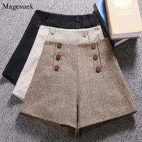 Autumn Korean Short Mujer Woolen High Waist Shorts Women Loose Wide Leg Femme Shorts Zipper Pocket Buttons Winter Shorts 7435 50