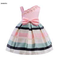 OASHTH Childrens clothing new girls dress pearl one-shoulder strap temperament striped dress