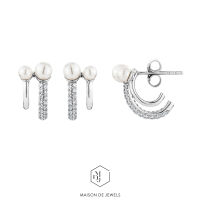 Maison de Jewels - Double MOP Earrings ต่างหูเงิน ต่างหูมุก ต่างหูดีไซน์ ต่างหูเพชร CZ ต่างหูใส่ทุกวัน