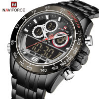 NAVIFORCE นาฬิกาข้อมือสำหรับผู้ชายนาฬิกา LED ควอตซ์ดิจิทัลแนวสปอร์ตนาฬิกาผู้ชายสแตนเลสสีดำหรูหราแบรนด์ชั้นนำ