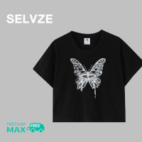 SELVZE ฉบับภาษาเกาหลีของเสื้อยืดสั้นรูปผีเสื้อย้อนยุคสำหรับผู้หญิง