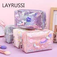 LAYRUSSI Tas Kosmetik เลื่อมผู้หญิงกันน้ำท่องเที่ยวของเด็กผู้หญิงกระเป๋าจัดเก็บอุปกรณ์แต่งหน้ามีซิปกระเป๋าล้างความงามที่เก็บเครื่องแป้งของผู้หญิง