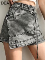 DEAT Fashion Women 39;s Denim Skirt New High Waist Irregular Chain Spliced Gray Above Knee Skirts Female Tide Summer 2023 17A1443