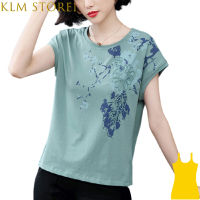 เสื้อยืดผู้หญิงแขนสั้น Store1 KLM เสื้อยืดหลวมพิมพ์ชุดไซส์ใหญ่ย้อนยุคคอกลมเสื้อลำลอง