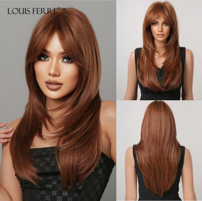 LOUIS FERRE Long Ginger Brown Layered Synthetic Wigs With Bangs Auburn Straight Wig For Women Natural Cooper Daily คอสเพลย์ผม ~