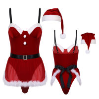 ZZOOI Women Sexy Christmas Costumes Lingerie Set Adjustable Spaghetti Strap Velvet Trimming Apron Hat Holiday Party Honeymoon Bodysuit