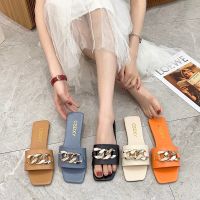 【AZAZ】✖ Cross-border big yards slippers female 2023 new fashionable word metal chain leisure wears outside cool slippers