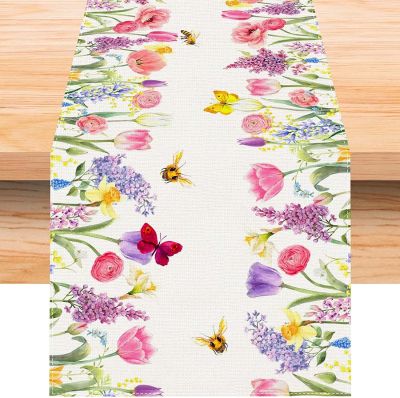 【LZ】☬✾  Watercolor Tulip Lavender Butterfly Linen Table Runner Wedding Decoration Easter Floral Table Runner for Home Kitchen Decoration