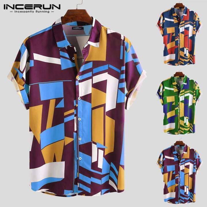 incerun-mens-hawaiianพิมพ์เสื้อชายหาดฤดูร้อนholidayแขนสั้นเสื้อแฟนซีtop