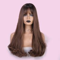 ALAN EATON Ombre Wine Blown Cosplay Lolita Wigs With Bangs Long Big wave Synthetic Wigs For Women High Temperature Fiber Gift ของขวัญ