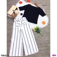 TW3232 Set 2 ชิ้น เสื้อผ้ายืดคอยู+กางเกงลายทางทรงกระบอก    **สอบถามก่อนสั่งซื้อ**