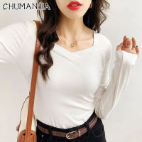 CHUMANJIA เสื้อยาวปิดถึงก้นกำมะหยี่คอสี่เหลี่ยมของผู้หญิงเสื้อยืดเข้ารูปพอดีใหม่ฤดูใบไม้ร่วงและฤดูหนาวด้านในสีทึบ