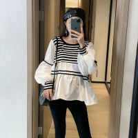 2022 autumn woman long-sleeved shirts black white striped patchwork ribbon sleeve maternity cotton blouses loose shirts