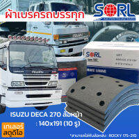 ผ้าเบรครถบรรทุก ISUZU DECA 270-320 ล้อหน้า 10รู SORL ใช้กับ ROCKY175-210ล้อหลัง ผ้าเบรคสิบล้อ ผ้าเบรคอิสุ270 ร็อคกี้ BRAKE LINNING ไม่มีสารใยหิน 1กล่อง8แผ่น