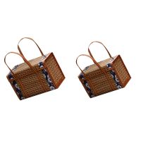 Picnic Woven Basket Wicker Storage Bag Handle Folded Fruit Shopping Food Handle Rattan Grass Foldable Bamboo Basket