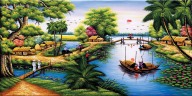 Tranh làng quê đồng quê sông nước cây cầu tre mộc mạc kèm khung tranh trang trí thumbnail