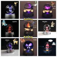 5Cm Pokemon Crystal Ball 3D Toys  Pikachu Charmander Figures Pokémon Engraving Model With Led Light Base Kids Gift Collectable