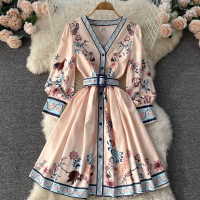 Palace Style Retro Print Stunning Skirt High-end Fashion V-neck Single-breasted Waist Slimming Short Dress Female Spring 2022