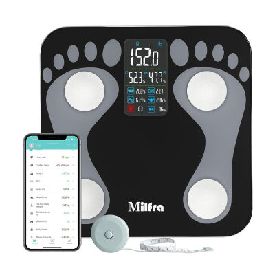 Milfra Smart Weight and Fat Scale, Large LCD Screen Digital Smart Bathroom Scale, High Accuracy Bluetooth Body Fat Scale 16 Body Individual Component Indicators BMI Synchronized with Fitness App Black