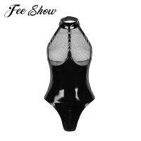 ผู้หญิง Wetlook หนัง Leotard บอดี้สูท Halter ดูผ่านตาข่าย Fishnet หน้าอกซิป Crotch Latex Night Clubs Jumpsuit